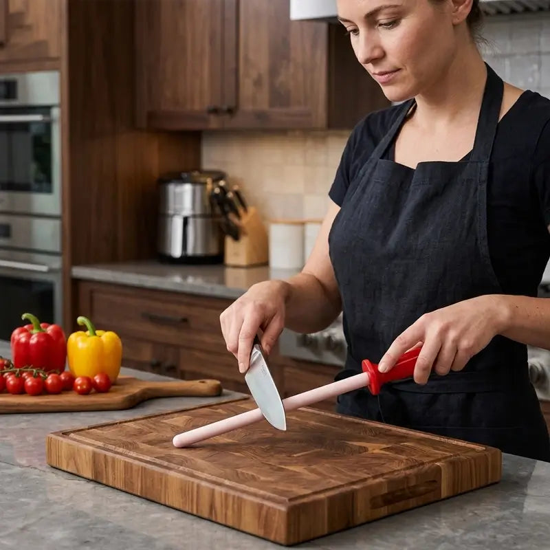 Femme-en-tablier-noir-affutant-un-couteau-sur-une-affuteuse-a-couteau-posee-sur-une-planche-de-decoupeenbois