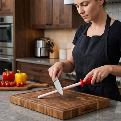 Femme-en-tablier-noir-affutant-un-couteau-sur-une-affuteuse-a-couteau-posee-sur-une-planche-de-decoupeenbois